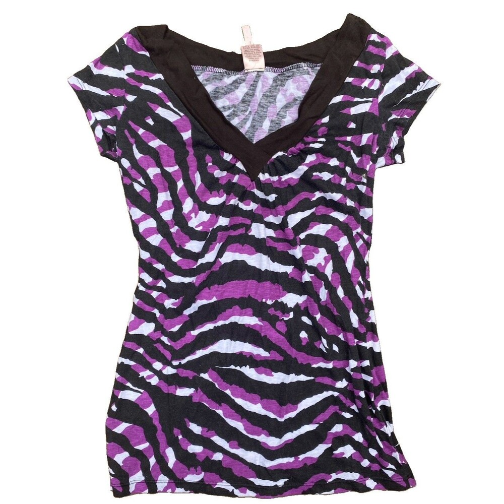 VTG Rue 21 Shirt Purple Black Tiger Stripe Short Sleeve V Neck Babydoll Y2K Sz S